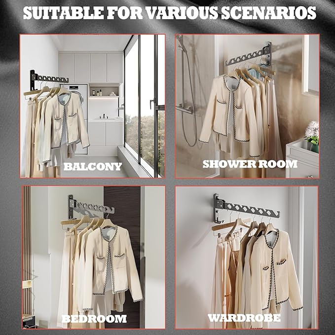 Dr.DJ Wall Mount Coat Hanger Holder Black Clothes Drying Organizer Rack Garment Hooks Aluminium Retractable Folding Indoor Wall Mounted Hanger for Laundry Room Bedroom Black 2Pack with 80cm Rod