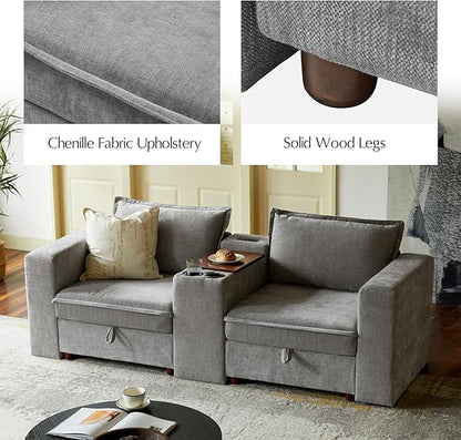 HULALA HOME 148" Modular Sectional Sofa with USB Port and Console, 4 Seater Sofa with Storage Ottoman, Oversized Sectional Couches for Living Room, FSC Certified, Grey