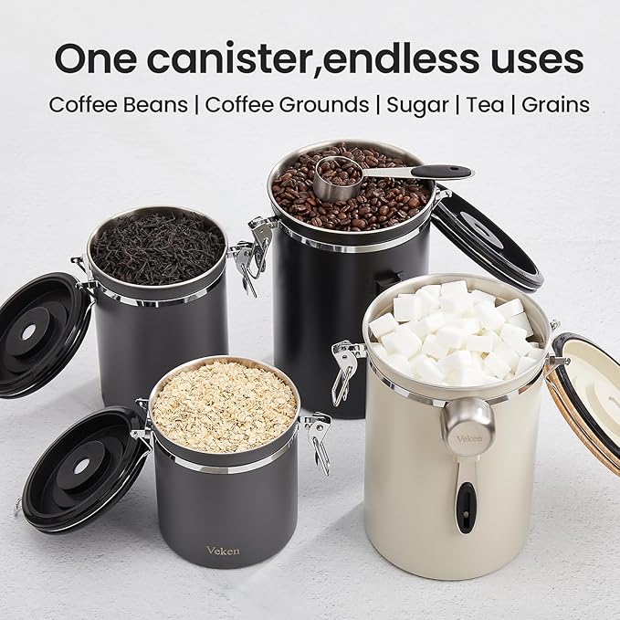 Veken Coffee Canister, 39OZ Large, Airtight Stainless Steel Food Storage Container for 2.2lbs Coffee Beans, Ground, Sugar, Tea, Flour, Rice, Cereal, Cookies Jars, Bar Accessories & Gifts, Silver