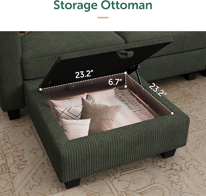 HONBAY Corduroy Modular Sectional Couch with Storage L-Shaped Sectional Couches for Living Room 6 Seater Modular Sofa, Green