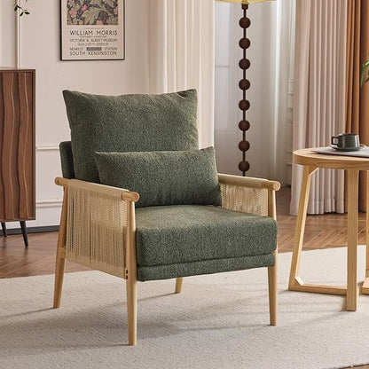 VINGLI Boho Braid Accent Armchair,Mid-Century Modern Chiar with Solid Wooden Armrest,Comfy Louge Cushion Chair with Waist Pillow for Bedroom,Living Room,Reading Room, Dark Green