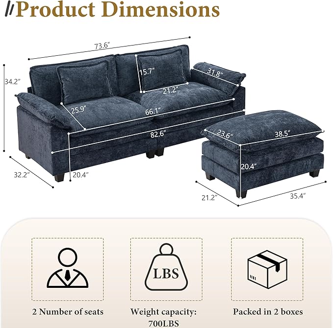 URRED Modular Sectional Sofa Comfy Cloud Couch, Modern Chenille Sofa Sleeper Deep Seat Couches with Ottoman/Pillows for Living Room (Blue, 82.6''- L Shape)