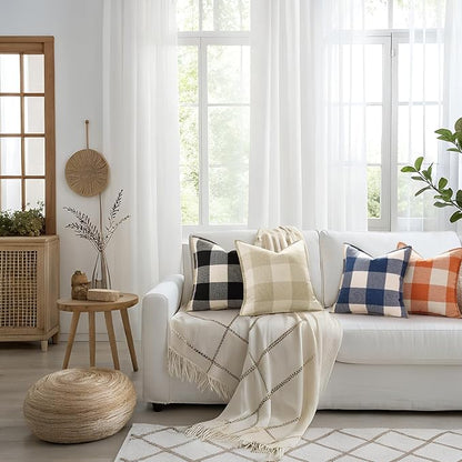 decorUhome Buffalo Plaid Check Throw Pillow Covers 16x16 Set of 2, Outdoor Decorative Farmhouse Neutral Pillow Covers with Stitched Edge for Bed Couch Sofa, Black and White