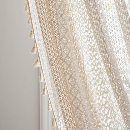 Sutuo Home Boho Curtains 120 inches for Bedroom Living Room Patio Doorway, Crochet Lace Sheer Bohemian Extra Long with Tassels,Window Treatment Drape, Single 1 Panel 59" W x 120" L, Beige
