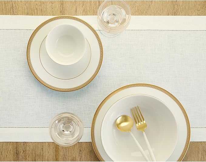 Solino Home Linen Ivory Table Runner 48 Inches - Classic Hemstitch, 100% Pure Linen Coffee Table Runner 14 x 48 Inch Ideal for Dresser Tables - Fall, Autumn, Halloween, Thanksgiving