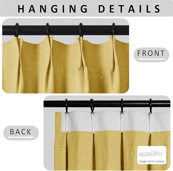 Macochico 100% Blackout Yellow Linen Curtains 84 Inches Long Pinch Pleated Burlap Curtains for Bedroom Living Room Farmhouse Nursery Thermal Window Panels with Tieback 72”Wx84”L 1 Panel