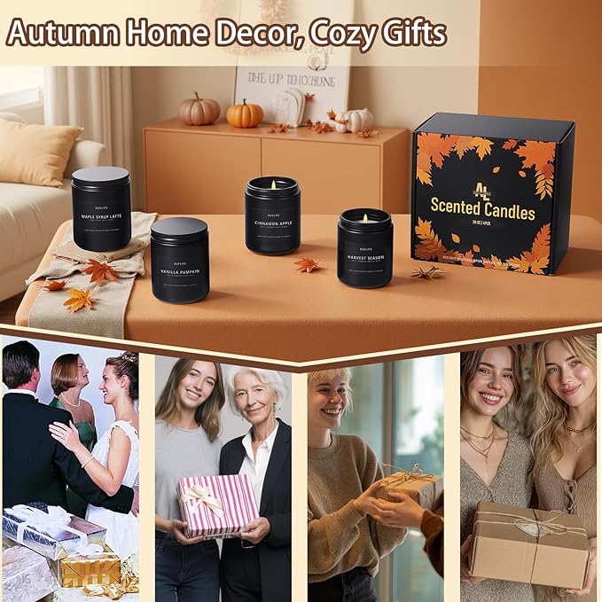 Fall Candle Set | 4 Pack Scented Candles - Autumn Soy Candles for Home Scented, Aromatherapy Gifts for Women, Thanksgiving & Fall Decor - Pumpkin, Apple, Latte & Harvest Scents