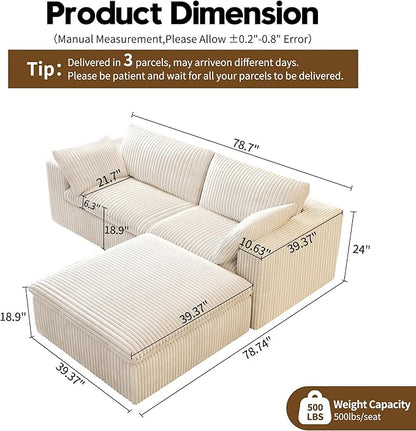 78.74" L Shaped Modern Sofa Modular Sectional Cloud Couch with Ottoman,Upholstered Couches with Plush Corduroy Fabric for Living Room Furniture,Bedroom and Apartment,No Assembly Required,White