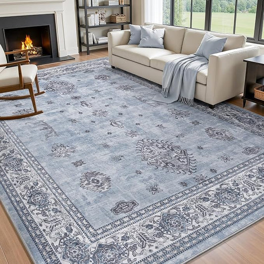 AMOAMI-Vintage Area Rug 6X9 Blue Rugs for Living Room-Soft Living Room Rug Non Slip Rugs for Bedroom Carpet Machine Washable Rug for Dining Room Bedside Office Room Decor