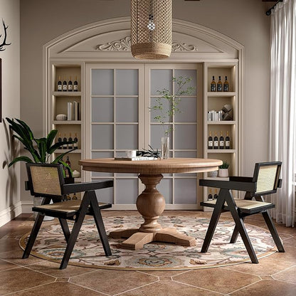 Rattan Dining Chairs Set of 2, Farmhouse Wicker Dining Chairs with Cane Seat Accent Armchair for Dining Room Kitchen Restaurant, Walnut