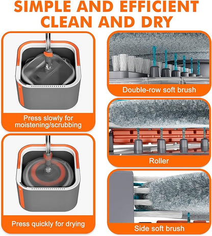 Upgraded Spin Mop and Bucket Set Self-Standing Mop Bucket Separate Dirty and Clean Water System Self Wringing 360° Rotating 90° Foldabl Mops and Buckets for Floor Cleaning (Dark Gray, 2Pads)