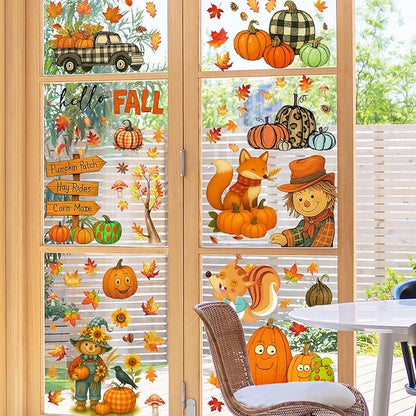 DC-BEAUTIFUL 153 Pcs Fall Window Clings, 12 Sheets Double Sided Autumn Pumpkin Scarecrow Maple Leaf Glass Stickers, Reusable Static Thanksgiving Window Decals Party Decors for Home Office School Shop