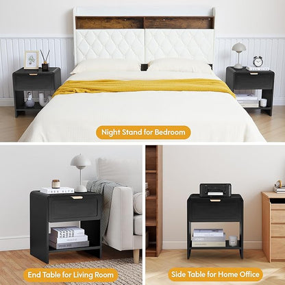 LEVNARY Nightstand with Charging Station, Mid-Century Modern Bedside Table with Curved Top Corners and Storage Drawer, Wooden End Table for Farmhouse Bedroom Living Room (1, Black)