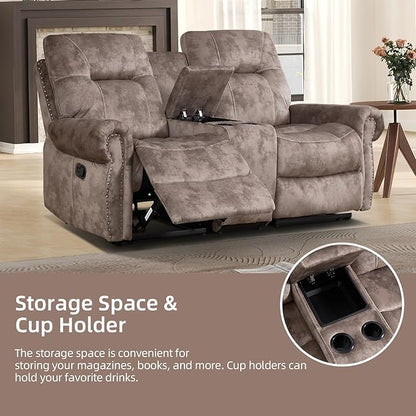 EBELLO Manual Recliner Loveseat Sofa, 2 Seater Reclining Couch Chair with Center Console, Hidden Storage and Cup Holders, Vintage Rivet Mid-Century Design for Living Room, Meeting Room, Brown