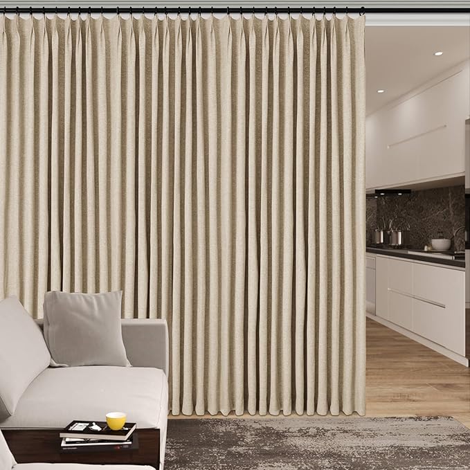120" Wx108 L Linen Room Divider Drapes for Doorway/Glass Window/Sliding Door/Patio, Extra Wide Pinch Pleated Full Blackout Curtains for Girls Boys Teen Kids Room, 1 Panel, Sand Beige