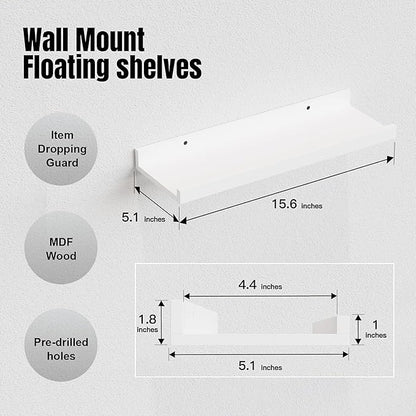 RICHER HOUSE 8 Set Floating Wall Mounted Shelves, Nursery Hanging Book Shelves with Lip for Storage, White Display Picture Ledge Shelf for Bedroom Bathroom Kitchen Living Room Wall Decor, Modern White