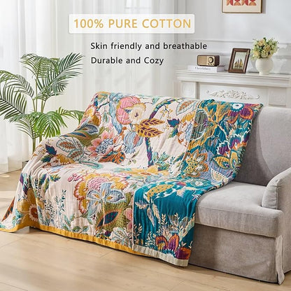 Boho Throw Blanket, Reversible Cotton Bohemian Tapestry Hippie Room Decor Double Sided, 100 Cotton King Size Bed Throw, Lightweight Summer Blanket for Travel, Sofa, Picnic,90"x98"