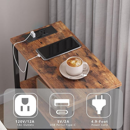 TUTOTAK Small Narrow End Table with Charging Station, Side Table with Outlets, Nightstand with 2 Cloth Drawers, Couch Table, for Living Room, Bedroom, Bedside, Brown TB01BB085