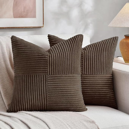Fancy Homi 2 Packs Dark Brown Samll Decorative Throw Pillow Covers 14x14 Inch with for Couch Bed Sofa, Rustic Farmhouse Boho Home Decor, Soft Corss Patchwork Corduroy Square Cushion Case 35x35 cm