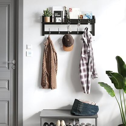 AMBIRD Wall Hooks with Shelf 26.57inch Entryway Wall Hanging Shelf Wood Coat Hooks for Wall Coat Rack Wall Mount Rack with 5 Dual Hooks 3 Key Hooks Mail Organizer and Key Rack Key Holder (Black)