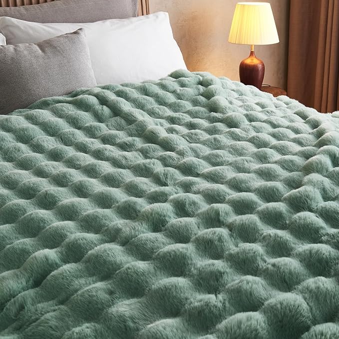 Lotus Karen Faux Fur Throw Blanket Sage Green - Big Bubble Rabbit Fluff Blanket for Couch Bed Sofa,Softest Fluffy Fuzzy Cozy Blanket,Plush Thick Furry Shaggy Warm Blankets for Women,108x90 Inches