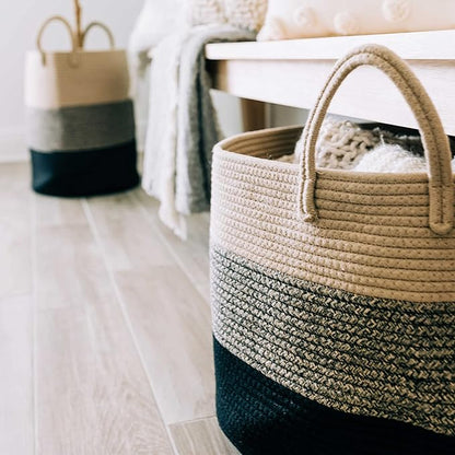 OrganiHaus Woven Laundry Basket, Large Cotton Rope Blanket Holder with Handles, Soft & Sturdy Nursery Hamper, Decorative Toy Bin for Living Room Organization 20x13 inches - Brown/Black