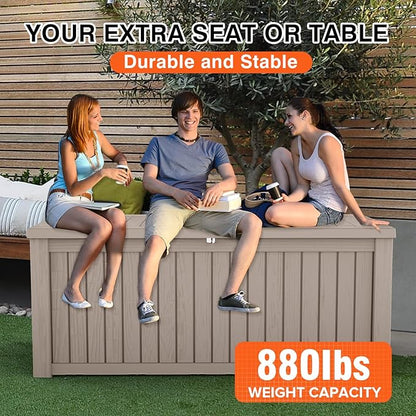 180 Gallon Resin Deck Box, Waterproof Outdoor Storage Bin for Patio Furniture, Pool Accessories, and Garden Tools, Lockable & UV-Resistant, Grey