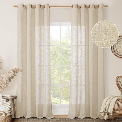 LAMIT Linen Sheer Curtains 95 inch for Living Room, Soft Thick Light Filtering Boho Window Textured Neutral Drapes with Bronze Grommet for Bedroom Farmhouse, 2 Panels, 52 x 95 Inch, Linen