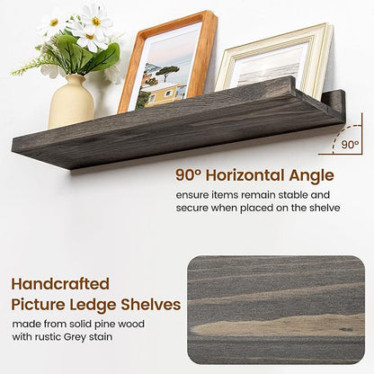 Picture Ledge Wall Shelves - Set of 3, 16 Inch Width, Solid Pine Wood Rustic Floating Ledge Shelves for Kids' Room, Bedroom, Kitchen, Bathroom, Living Room, Nursery Display Decor, Grey