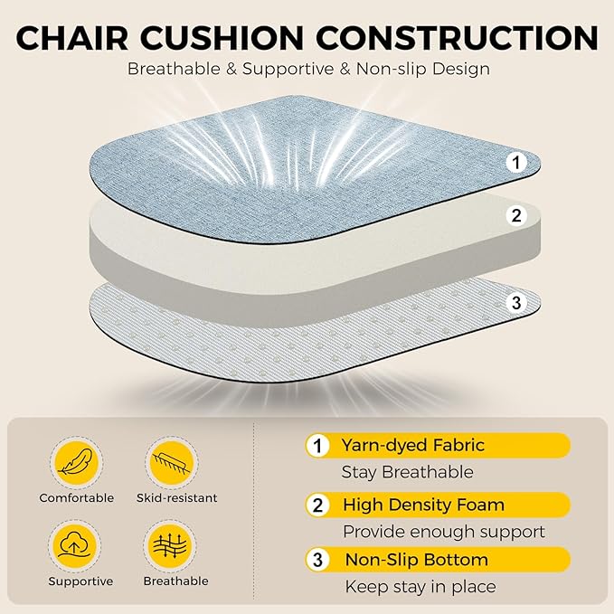 downluxe Indoor Chair Cushions for Dining Chairs, Soft and Comfortable Textured Foam Kitchen Chair Pads with Ties and Non-Slip Backing, 16" x 16" x 2", Light Blue, 4 Pack