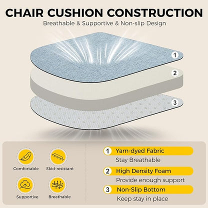 downluxe Indoor Chair Cushions for Dining Chairs, Soft and Comfortable Textured Foam Kitchen Chair Pads with Ties and Non-Slip Backing, 16" x 16" x 2", Light Blue, 2 Pack