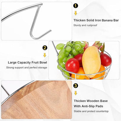 Livabber Countertop Fruit Basket Bowl with Banana Hanger, Modern Standing Fruit Vegetable Bowl Storage, with Banana Tree Holder for Kitchen Dinning Table (Round Wood, Chrome)