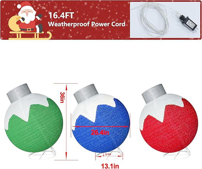 36 Inch Pop-Up Christmas Ball with 90 LED Lights for Outdoor Xmas Decor, 3-Piece Pre-Lit Iridescent Christmas Ball Ornaments Decor with Base, Outdoor 3D Glittered Standing Holiday Display