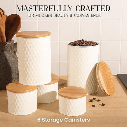 6 Canister Set for the Kitchen Countertop – Metal Food Storage Canisters with Airtight Lids for Flour, Tea, Crafts, Coffee, & Sugar – Container Set with Modern Wood Lids, White