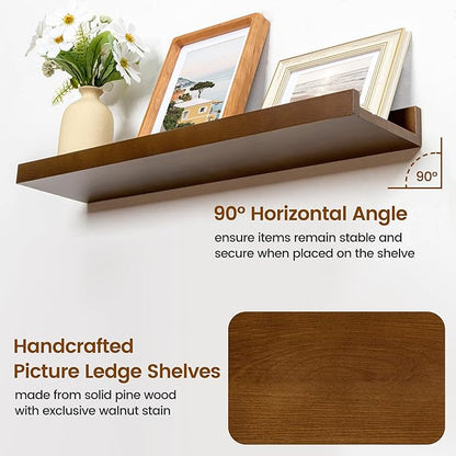 Picture Ledge Wall Shelves 24 inches Width Set of 3, Solid Pine Wood Rustic Floating Ledge Shelves for Wall for Kids' Room Bedroom Kitchen Bathroom Living Room Nursery Display Wall Decor, Walnut