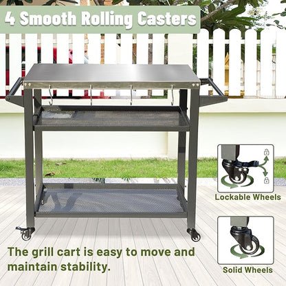 Domi 3-Shelf Outdoor Grill Table, Grill Cart with Wheels, Outdoor Pizza Oven and Food Prep Table, Blackstone with Stainless Steel Tabletop, BBQ Stand for Blackstone Griddle for Outside BBQ
