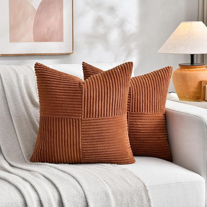 Fancy Homi 2 Packs Rust Decorative Throw Pillow Covers 16x16 Inch for Living Room Couch Bed, Rustic Farmhouse Boho Home Decor, Soft Corss Patchwork Corduroy Square Terracotta Cushion Case 40x40 cm