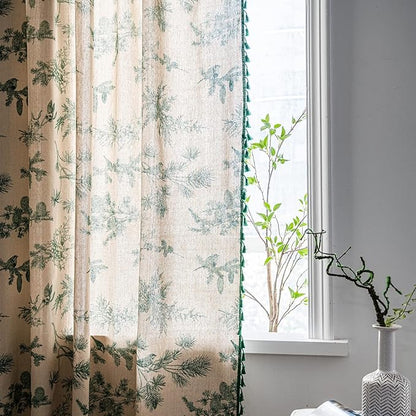 Sutuo Home Boho Curtain 84 Inches Length for Bedroom, Printed Cotton Linen Rod Pocket Semi Blackout Farmhouse Bohemian Tassels Window Treatment for Living Room, 1 Panel 59" W x 84" L, Green Forest
