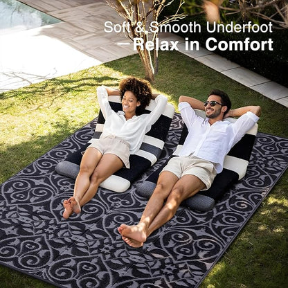 OLANLY Outdoor Rug Waterproof 8x10 ft Clearance, Reversible Outdoor Plastic Straw Rug with Floral Pattern, RV Mat for Patio, Camping, Balcony, Deck, Backyard, Black & Grey
