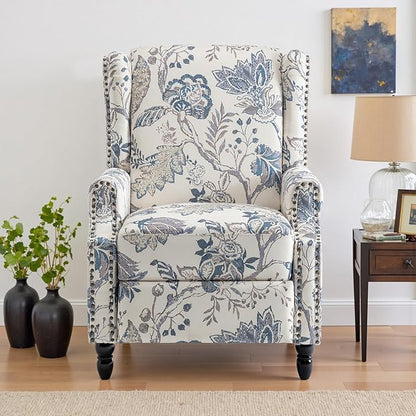UIXE Pushback Recliner Chair, Push Back Accent Chair Fabric Upholstered Armchair for Living Room, Rivet Trim Home Theater Single Sofa Bedroom Reading Seat - Blue Plants