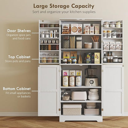 HOMCOM 72" Farmhouse Kitchen Pantry Cabinet, Freestanding Tall Storage Cabinet with 4 Barn Doors, 4 Adjustable Shelves and 8 Door Shelves, Embossed White Wood Grain