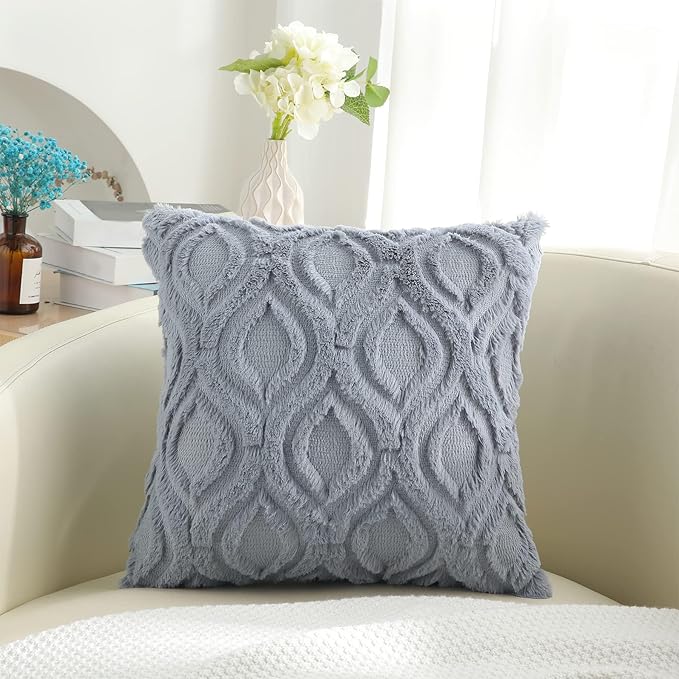 decorUhome Throw Pillow Covers 18x18 Inch Set of 2, Soft Plush Faux Wool Blue Grey Couch Pillow Covers, Spring Solid Dyed Accent Pillow Cases for Sofa Bed Living Room Home Decor