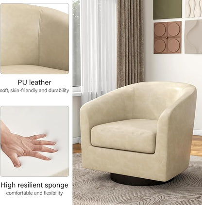 Swivel Barrel Accent Chair, Modern Round Faux Leather Arm Chair for Living Room, Bedroom, Comfy Club Reading Chairs for Adults(Faux Leather, Cream, Set of 2)