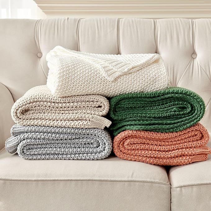 Joydeco Chunky Cable Knit Throw Blanket, Lightweight 100% Cotton Soft Cozy Throw Twin Blanket for Couch Bed and Sofa, Rustic Breathable Farmhouse Blanket Gift for Women Men(Olive Green, 60"x80")