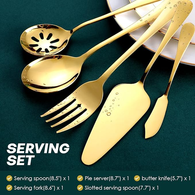 Gold Silverware Set for 8, OGORI 45-Piece Stainless Steel Flatware Set with Serving Set, Mirror Polished Cutlery Set with Serving Utensils Spoon for Kitchen Party Supply