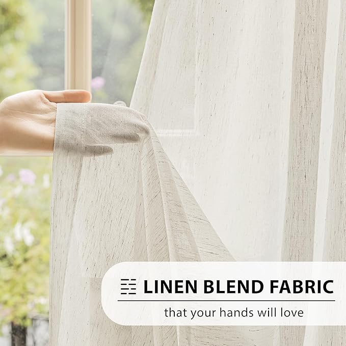 FMFUNCTEX Linen Sheer Curtains for Bedroom, Beige Curtains 72 inches Long for Living Room, Natural Flax Blend Window Draperies for Farmhouse Curtain, Rod Pocket 2 Panels