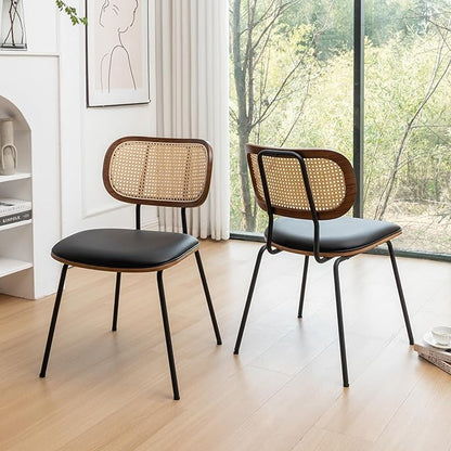 Rattan Dining Chairs Set of 4, Mid Century Modern Dining Chairs with Cane Back for Kitchen Dining Room, 19 Inch Faux Leather Black