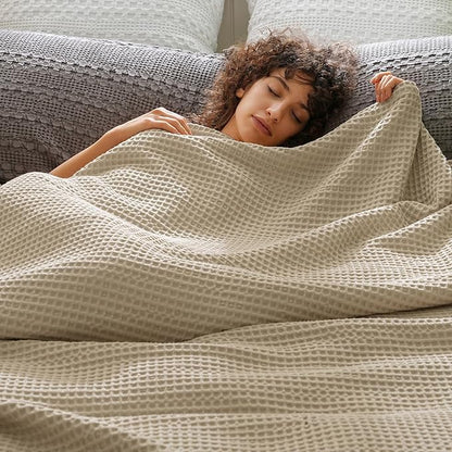 PHF Ultra Soft Waffle Weave Blanket Queen Size 90"x 90"- Washed Lightweight Breathable Cozy Woven Blanket for Bed - Aesthetic Decor for Couch Bedding Sofa Home Car - Khaki