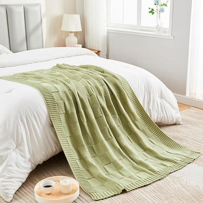 CozeCube Check Knit Throw Blanket, Sage Green Checkered Throw for Couch, Decorative Christmas Soft Cozy Warm Knitted Blanket for Bed Sofa Living Room, 60"X80"