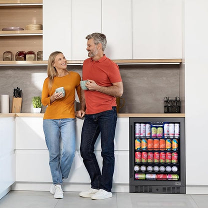 Newair 24" Beverage Refrigerator 177 Can Capacity, Black Stainless Steel Mini Fridge with Built-in Cooler and Glass Door, Cool your Soda, Beer, and Beverages to 37F